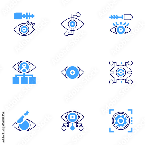 Eye icon set. Bold line style. Duotone colors. Editable stroke. eye surgery, eye mascara, eye scan, bionic eye, red eye, eye, mascara, consultant, cyborg