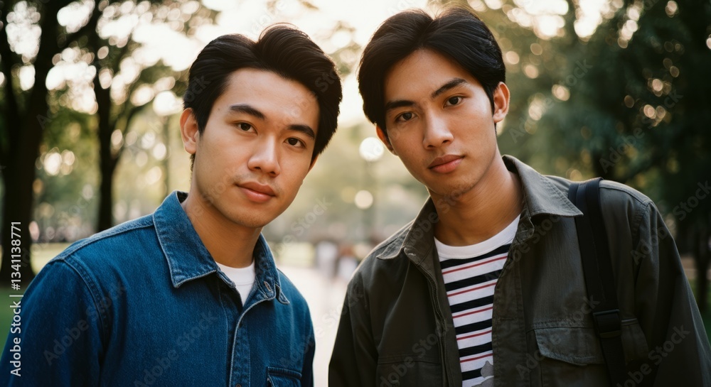 Two young asian males outdoors in casual clothing during daytime Two young asian males outdoors in casual clothing during daytime