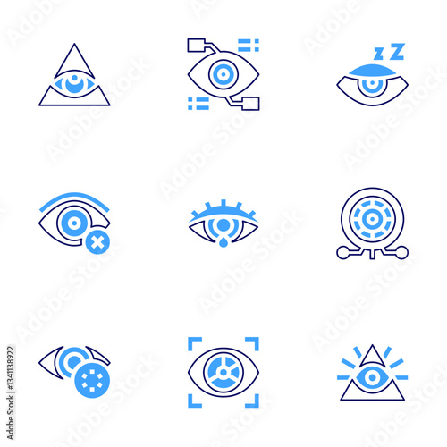 Eye icon set. Bold line style. Duotone colors. Editable stroke. eye, vision, drowsiness, contact lens, bionic eye, crying, eye recognition