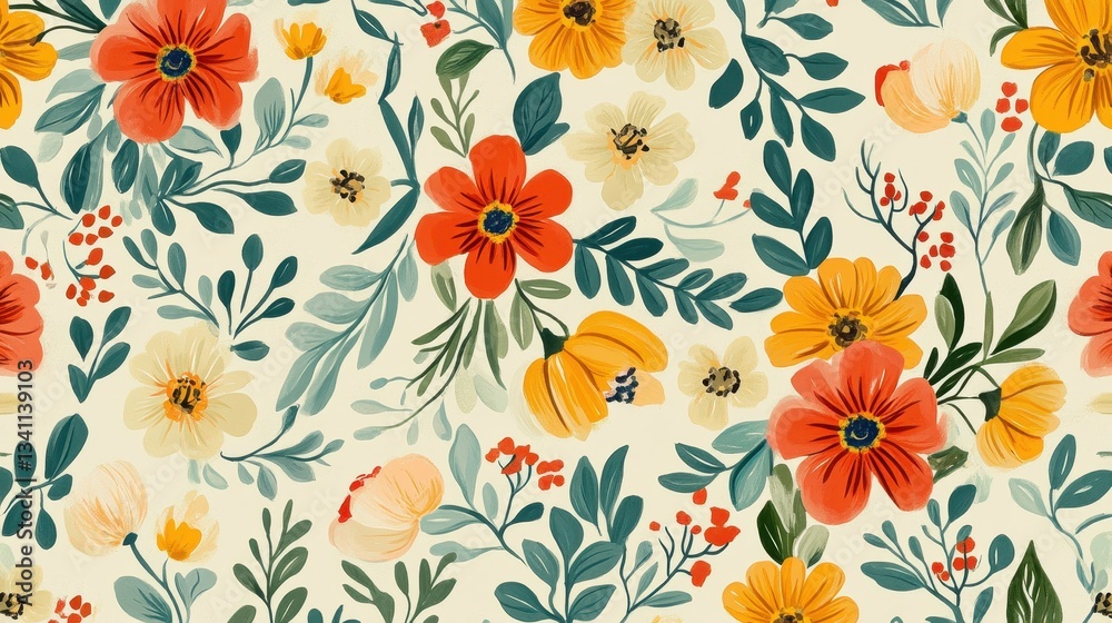A floral pattern with yellow and orange flowers A floral pattern with yellow and orange flowers