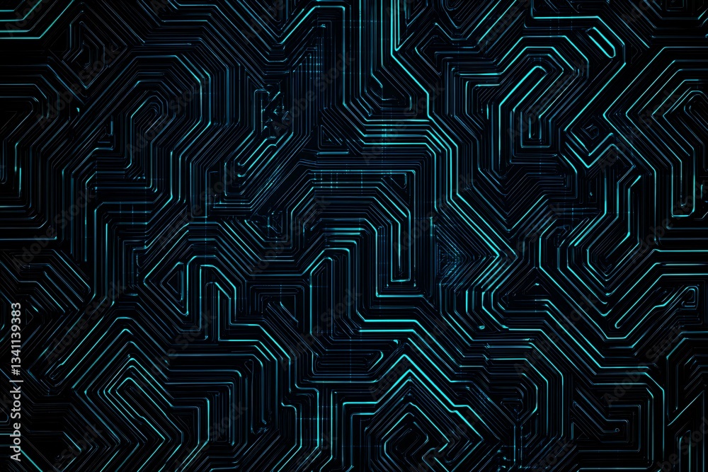 Abstract close-up of a glowing blue digital circuit board, showcasing intricate connections and technological design on a black background.
