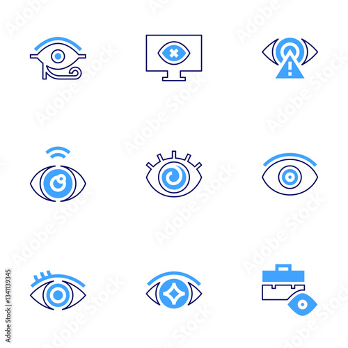 Eye icon set. Bold line style. Duotone colors. Editable stroke. not visible, hypnosis, fortune teller, alert, visible, briefcase, eye of ra, eye