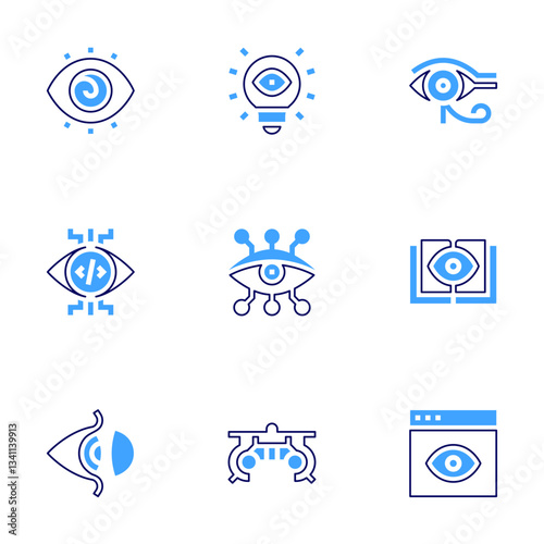 Eye icon set. Bold line style. Duotone colors. Editable stroke. vision, eye of ra, book, cyber, trial frame, eye, hypnosis, view, contact lens