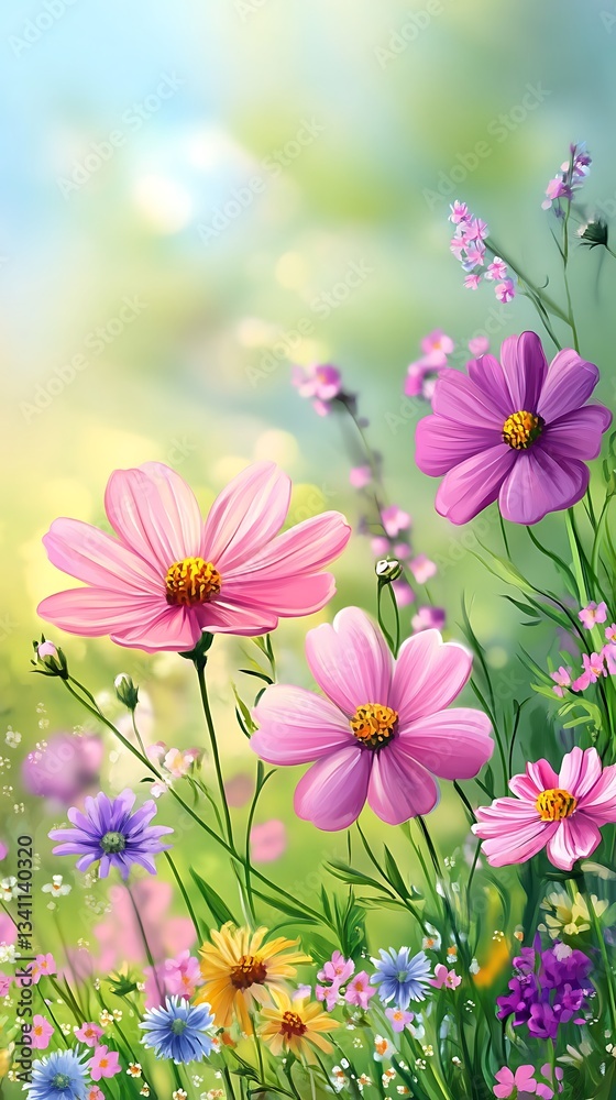 A vibrant display of colorful flowers in a lush, green meadow under a soft, blurred background. A vibrant display of colorful flowers in a lush, green meadow under a soft, blurred background.