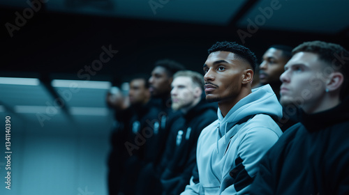 Group of focused athletes in a locker room before an important game. Motivation, tension, and concentration.