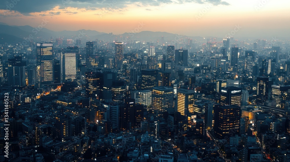 Obraz premium Aerial view of a modern city skyline at dusk, skyscrapers glowing under the fading sunlight.