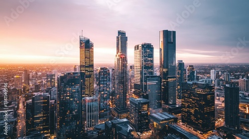 Aerial view of a modern city skyline at dusk, skyscrapers glowing under the fading sunlight.