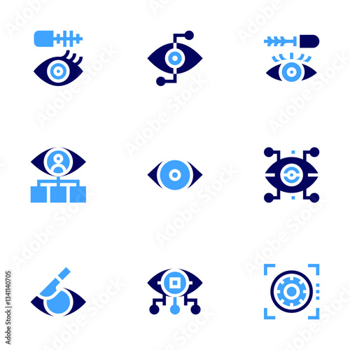 Eye icon set. Bold style. Duotone colors. eye surgery, eye mascara, eye scan, bionic eye, red eye, eye, mascara, consultant, cyborg
