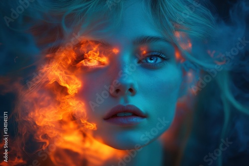 Ethereal woman with fiery aura, intense gaze, surreal blue and orange lighting, mystical atmosphere, fantasy concept