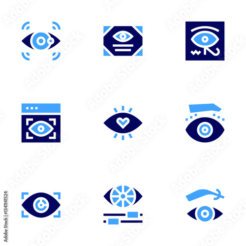 Eye icon set. Bold style. Duotone colors. focus, view, optometry, color adjustment, hieroglyph, blepharoplasty, eyebrow