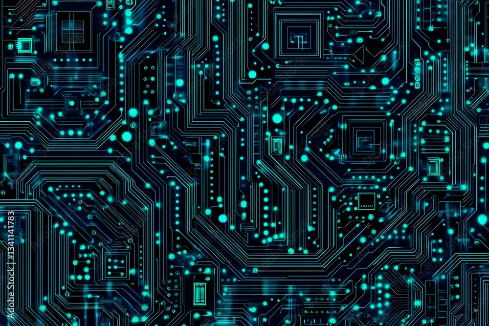 Abstract close-up of a glowing blue digital circuit board, showcasing intricate connections and technological design on a black background.
