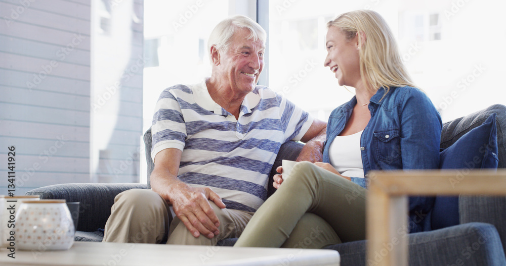Senior father, daughter and talk on sofa, happy and relax with coffee, love and reunion in living room at nursing home. People, story and laugh with man, woman and retirement with memory on couch Senior father, daughter and talk on sofa, happy and relax with coffee, love and reunion in living room at nursing home. People, story and laugh with man, woman and retirement with memory on couch