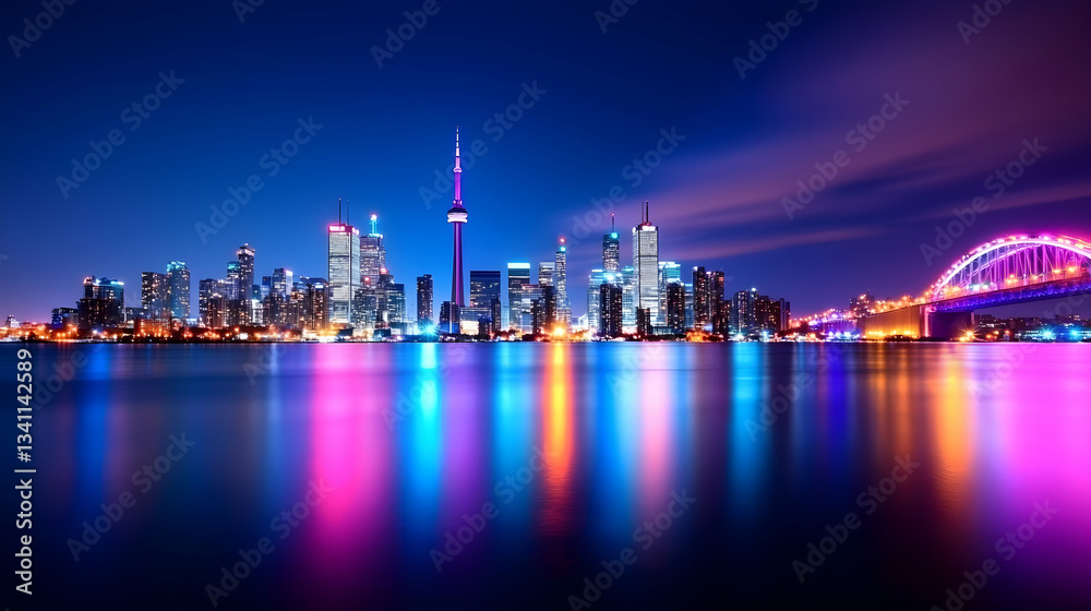 Fototapeta premium Night City Skyline Reflection on Water