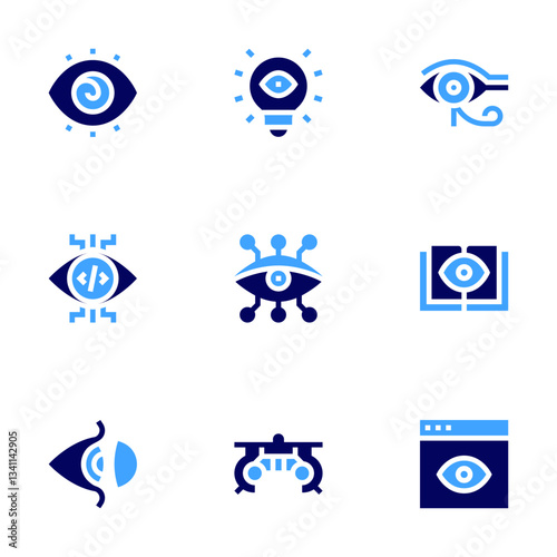 Eye icon set. Bold style. Duotone colors. vision, eye of ra, book, cyber, trial frame, eye, hypnosis, view, contact lens