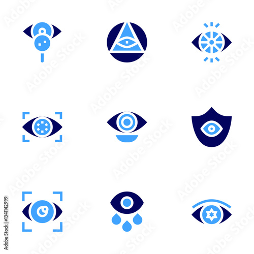 Eye icon set. Bold style. Duotone colors. vision, eye, bionic eye, biometric identification, scan, iridology, privacy