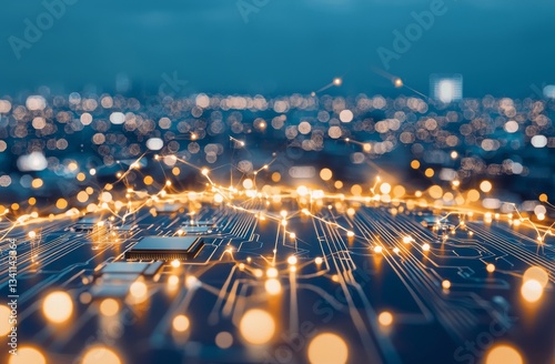 Computer microchips and processors are displayed on an electronic circuit board in a macro shot with shallow focus, symbolizing an abstract technology microelectronics concept background