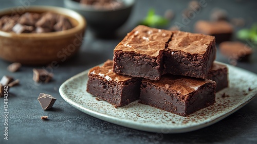 Freshly baked brownies a dense fudgy texture and chunks of chocolate sliced and placed on a white plate isolated a decadent bakery treat