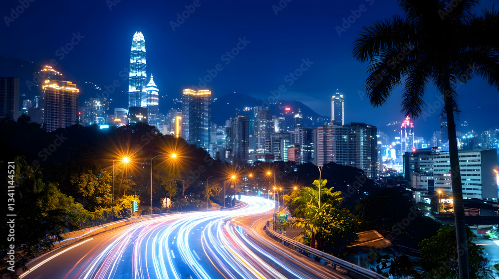 Fototapeta premium Night Cityscape with Light Trails and Dynamic Traffic Flow