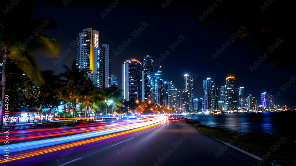 Naklejka premium Night Cityscape with Light Trails and Skyscrapers