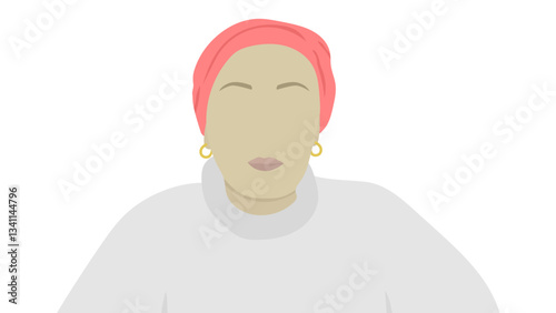 Simple illustration of a woman wearing a pink headscarf, gold hoop earrings, and a white turtleneck sweater. The facial features are minimalistic.