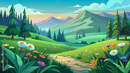 peaceful green glade with wildflowers blooming, and a backdrop of rolling hills and pine forests
