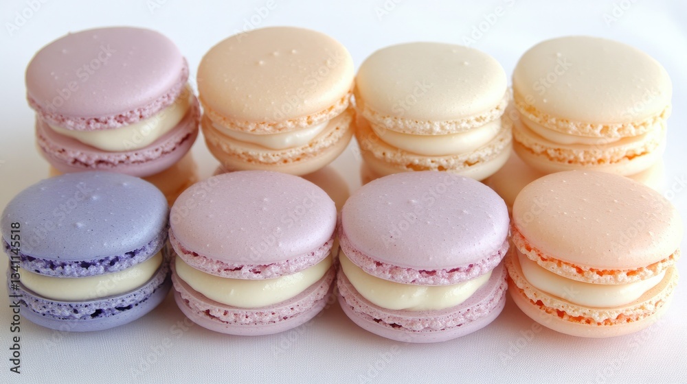 Delicate macarons in pastel shades, carefully stacked on a clean white surface, showcasing their elegant textures Delicate macarons in pastel shades, carefully stacked on a clean white surface, showcasing their elegant textures