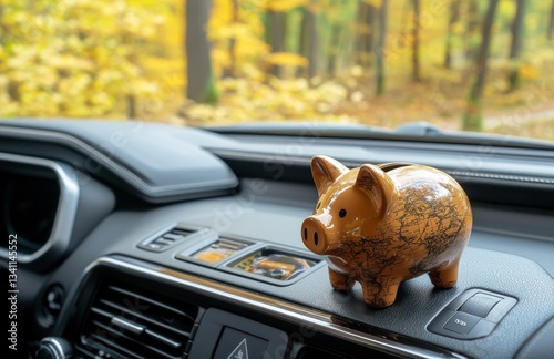 Saving money in a pink piggy money box inside a car is an economic investment for the future purchase of a vehicle, which can be bought or loaned