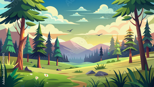 vector of stunning forest landscape with a grassy clearing, distant hills