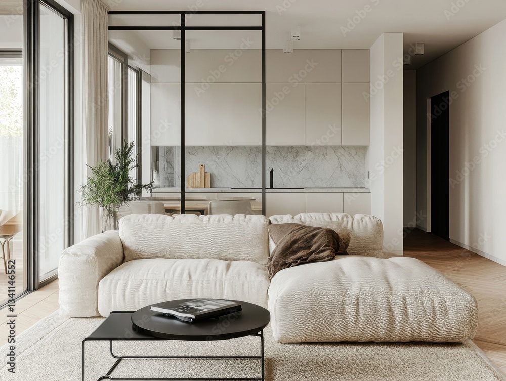 Obraz premium A white couch with a brown pillow on it. A coffee table with a black top. A kitchen with a marble countertop