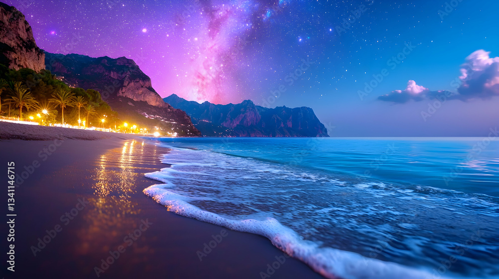 Fototapeta premium Night Seascape with Milky Way Galaxy Over a Tranquil Beach