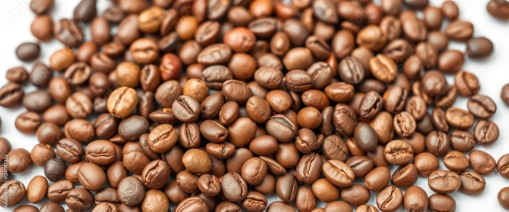Close-up of assorted coffee beans, various sizes and colors, isolated on white background, close-up, texture Close-up of assorted coffee beans, various sizes and colors, isolated on white background, close-up, texture