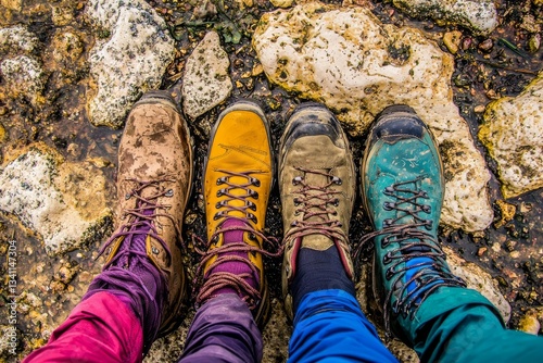 The concept of freedom and adventure in travel and lifestyle is embodied by four tourists from a company, who stand together on a rocky cliff wearing brown trekking hiking boots with laces