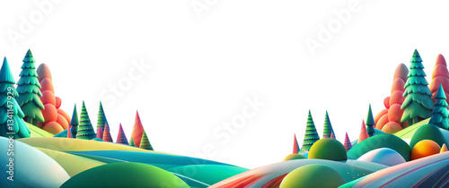 3D fanatsy pine forest and hills with a vibrant, abstract, and colorful style, and white background for copy space