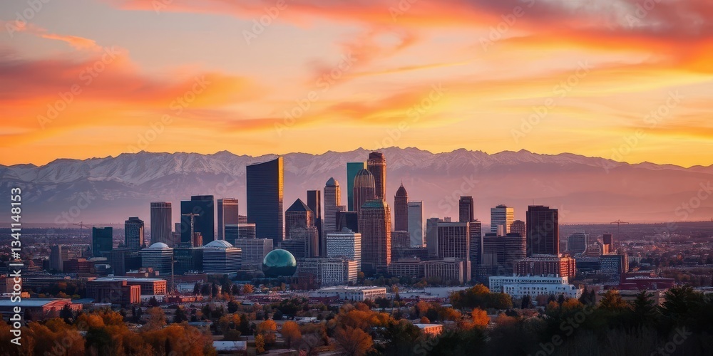 Fototapeta premium Denver skyline, Rocky Mountains backdrop, urban landscape, nature, day