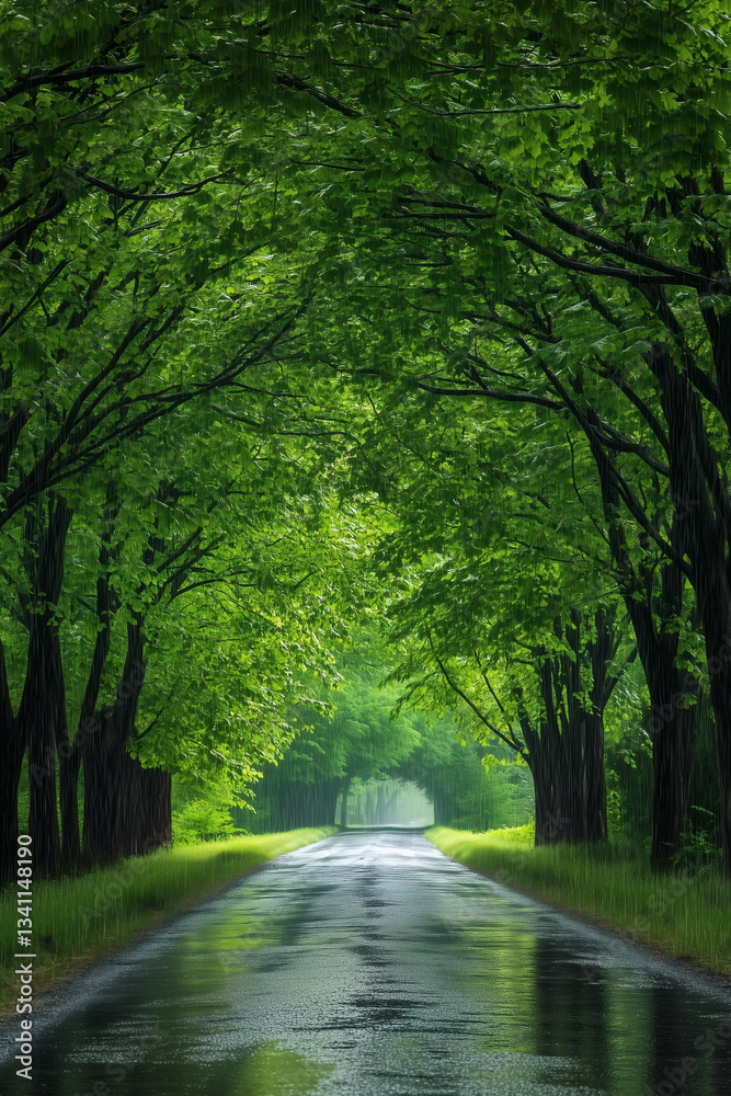 Fototapeta premium Rainy Road Through Green Forest Canopy