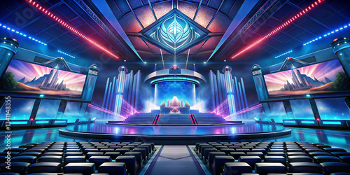 a grand esport gaming arena venue with large screens and sparkling lights