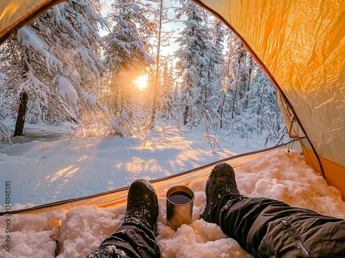 Holding a cup in hand and camping in a pine forest with snow outside a yellow tent