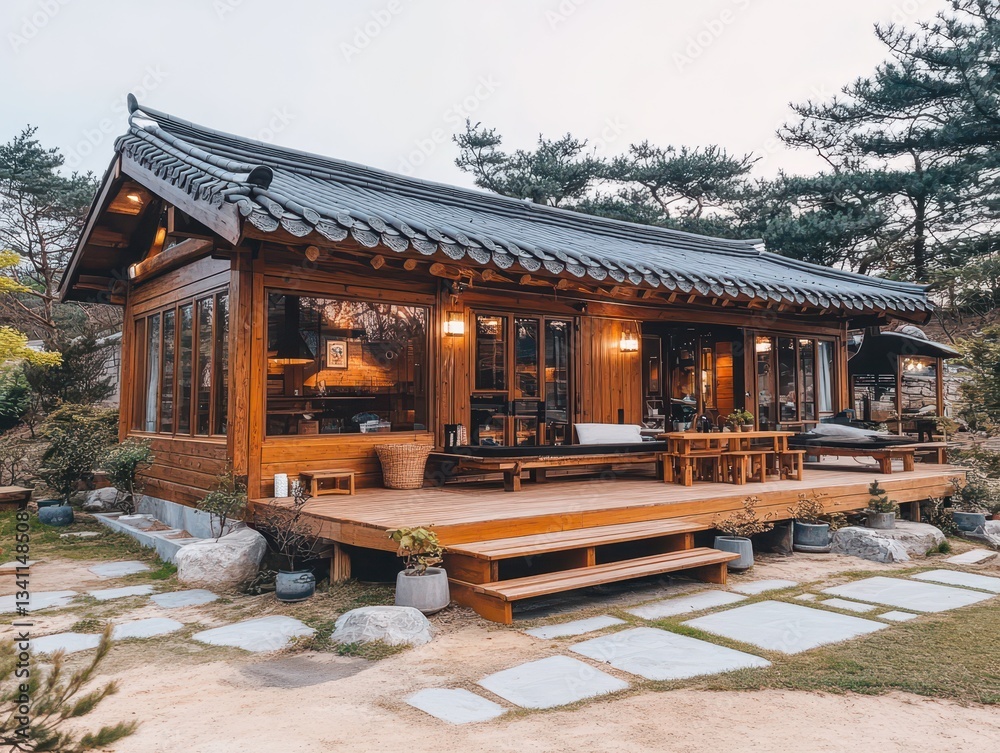 Naklejka premium Wooden structure with a tiled roof and outdoor furnishings is shown