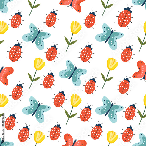 ladybug, butterfly and tulip pattern