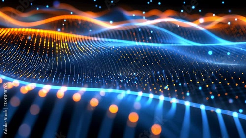 Abstract Digital Waveform With Orange And Blue Illuminated Particles Against Black Background