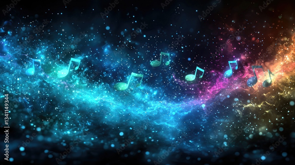Naklejka premium Musical notes floating across a colorful and starry cosmic expanse