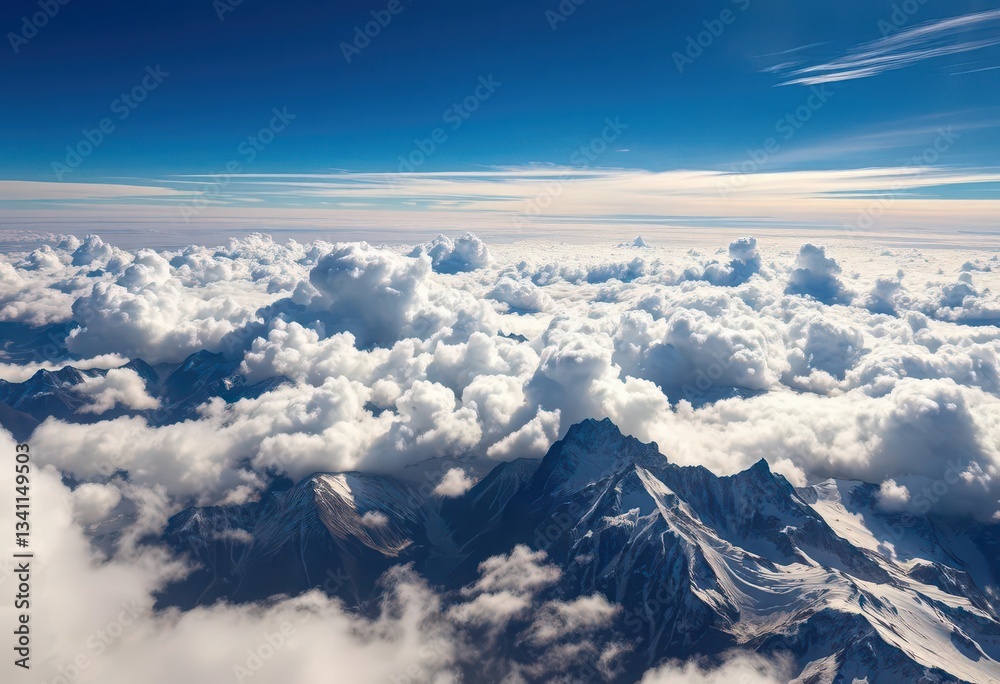 Naklejka premium High altitude cloudscape, sunlit peaks, deep shadows, mountain landscape, panorama