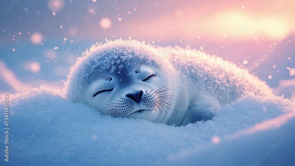 Fototapeta premium Adorable Baby Seal Sleeping Peacefully in Snowy Landscape