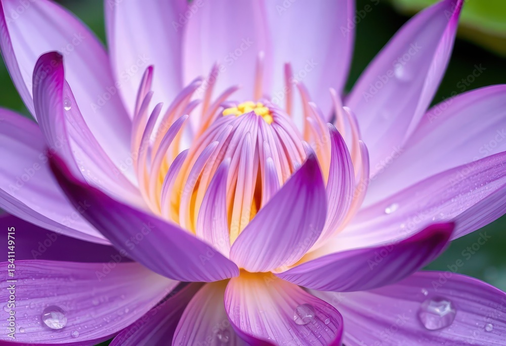 Obraz premium Intricate violet lotus blossom, dew drops glistening on petals, pure, high-resolution