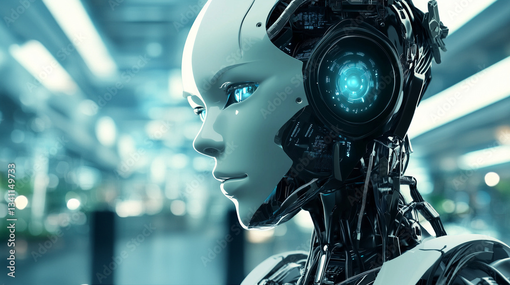 Robot on blurred background, robotics