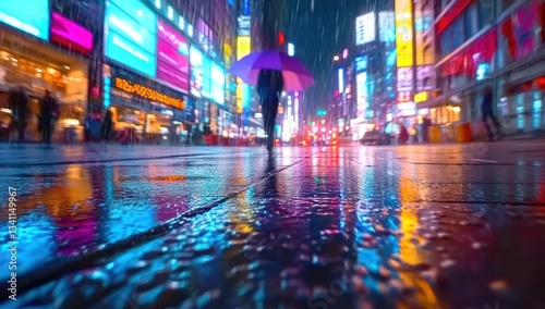 Rainy night city street, woman with umbrella, neon lights, reflections