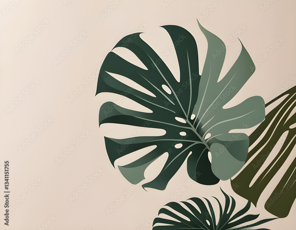 Fototapeta Vertical Abstract Background with the image of a Palm Branch and Monstera. Minimalism background 