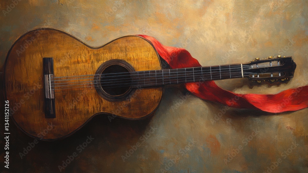 Fototapeta premium Guitar, red ribbon, blurred background. Generative AI