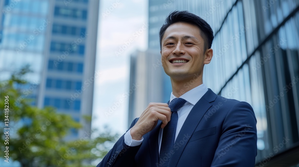 Confident young Asian businessman in a navy blue suit adjusting his tie while smiling, standing in front of modern glass skyscrapers in an urban business district. Confident young Asian businessman in a navy blue suit adjusting his tie while smiling, standing in front of modern glass skyscrapers in an urban business district.