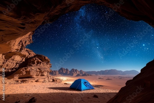 Under a stone arch in the desert, a man stands at night with a flare light, and in the background, the milky way is visible, along with a tent lit up on a cliff